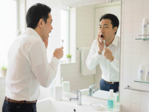 お口のトラブルが気になって鏡をのぞくワイシャツ姿の男性