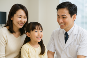 保護者付き添いのもと歯科受診した小学校低学年の女児と歯科医師が話しているところ